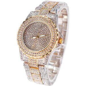 Women's Mix Gold Crystal Rhinestone Diamond Stainless Steel Iced Out Wristwatch